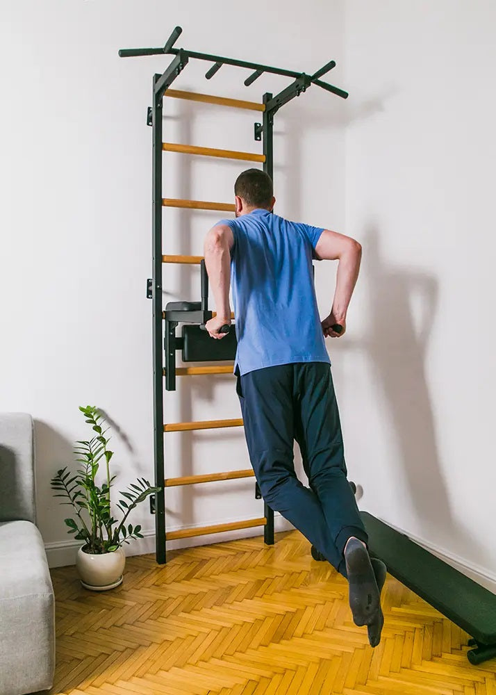 Black stall bar for home with pull-up bar and dip - BenchK 722B